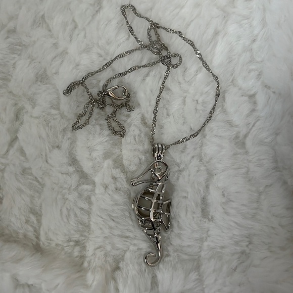 Silver Seahorse Necklace With White Bead New Without Tags - Picture 3 of 6